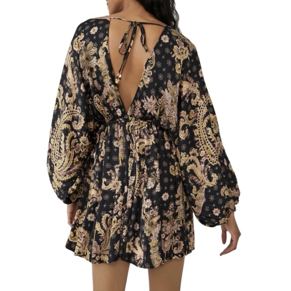 Free People Arzel Mini Dress Black Combo Paisley Festival Boho V Neck XS - Picture 4 of 16